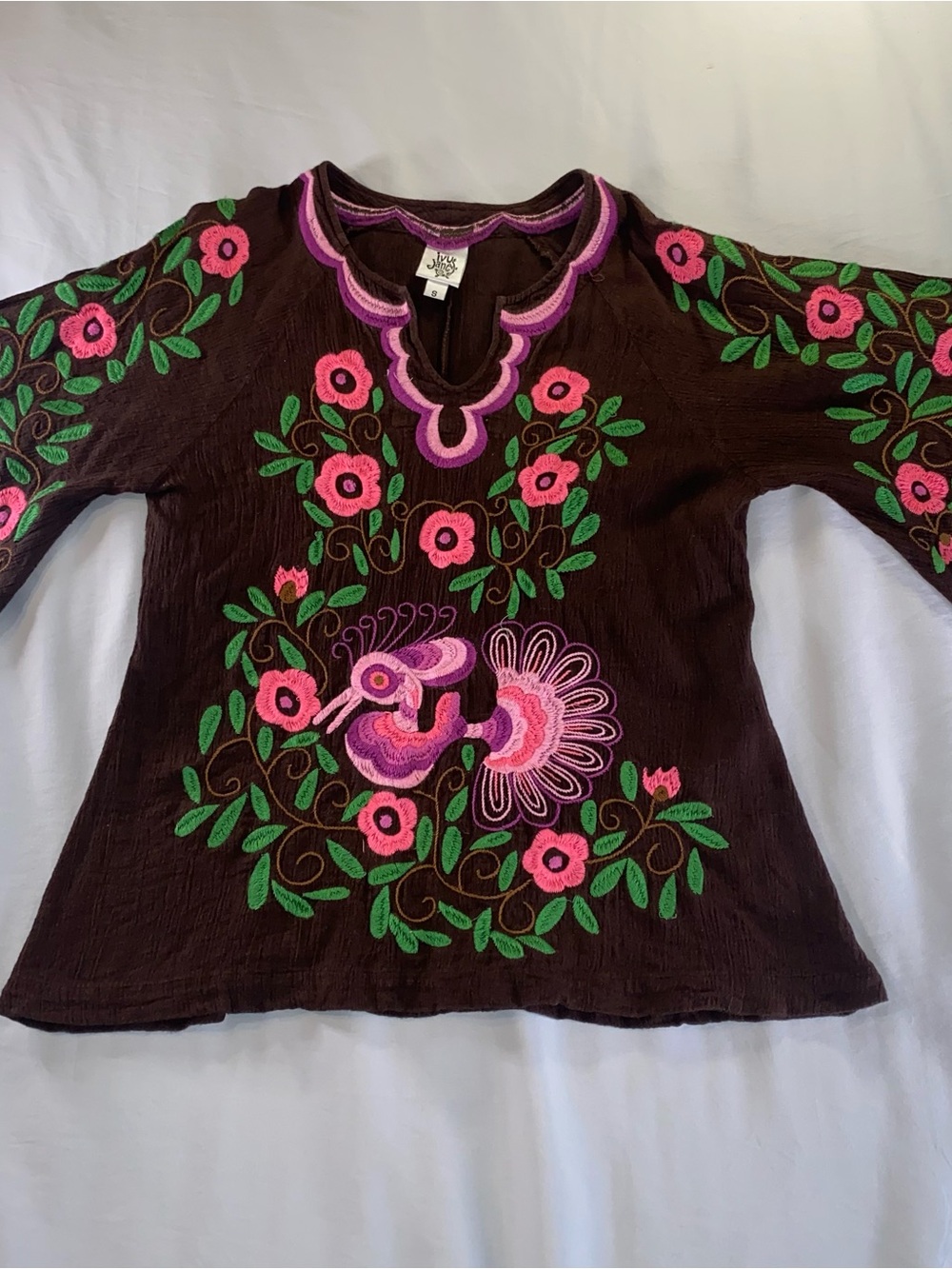 Ivy Jane Embroidered Top Size S Brown Pink Asymmetrical Sleeve Boho Peasant